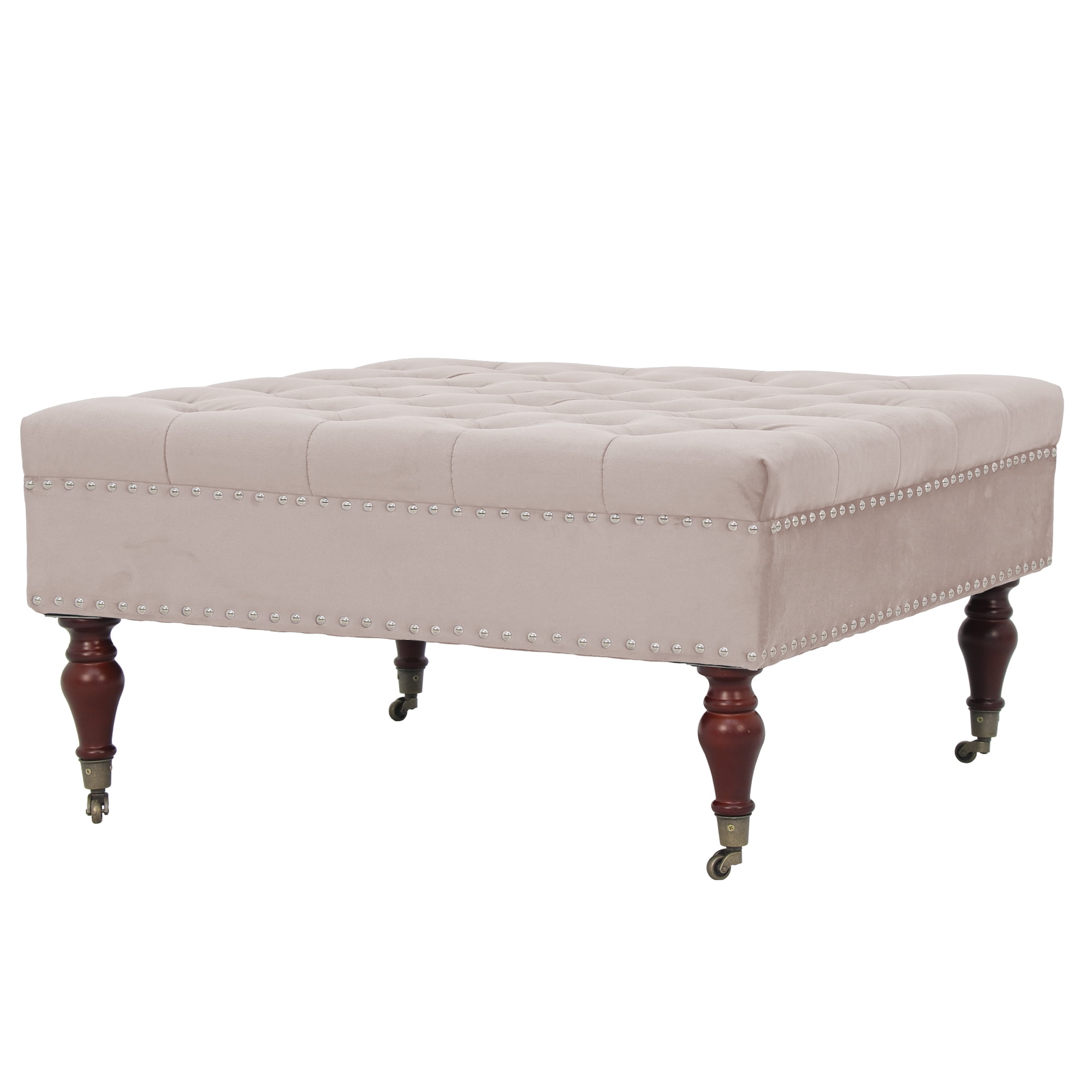 Square  Beige Velvet Tufted Upholstered Cocktail Ottoman with Wheels