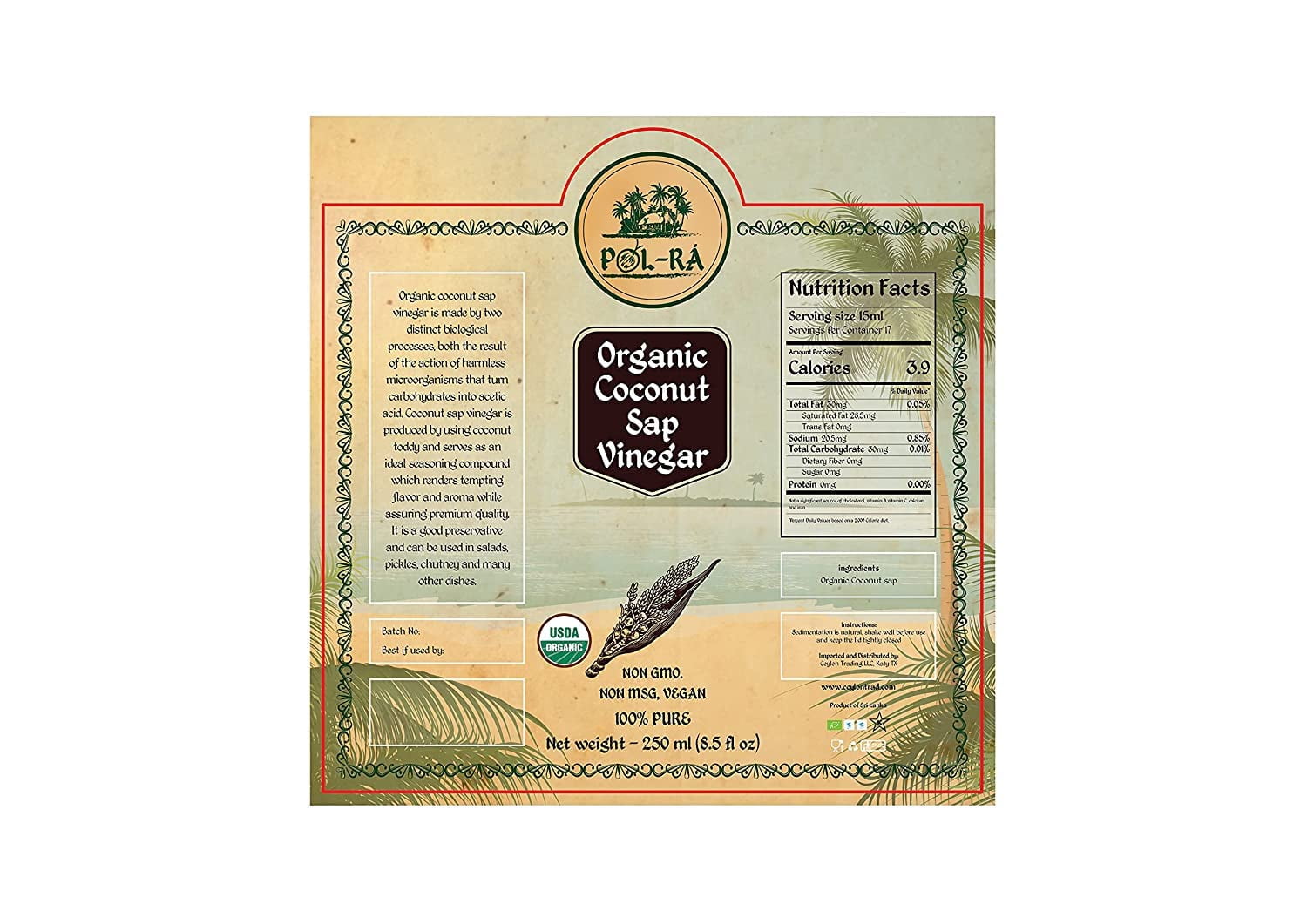 P L-RA Organic 100% Natural Coconut Sap Vinegar - Sodium Free - Vegan, Paleo & Keto - Low Glycemic - Marinade Substitute - Gluten Free - Soy Free - Kosher - 8.5 oz (50 Servings) - Pack of 3