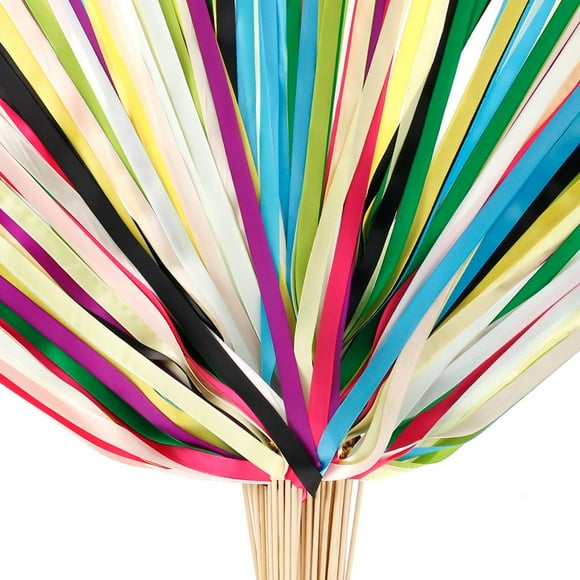 100pcs Silk Ribbon Wands with Bells Colourful Streamers Stick Wedding Streamers Party Favors for Wedding Party Holiday Celebration Decoration