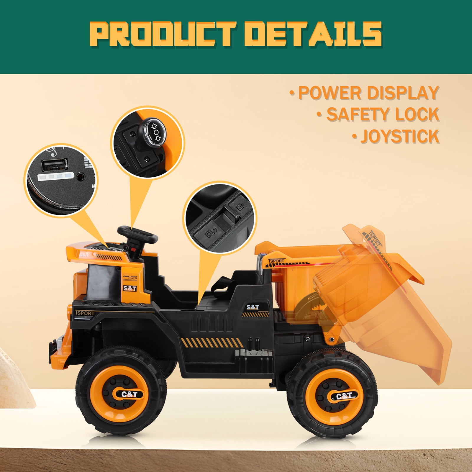 YUFU 12V Battery Kids Ride On Dump Truck RC Construction Tractor w/ Electric Bucket,Yellow