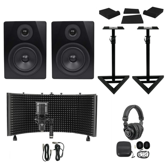 2) Rockville APM5B 5.25" Active Studio Monitors Stands Mic Headphones Iso Shield