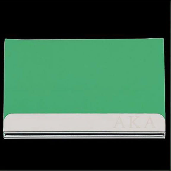 AKA Laser Engraved Business Card Holder - Stainless Steel With Green Leather