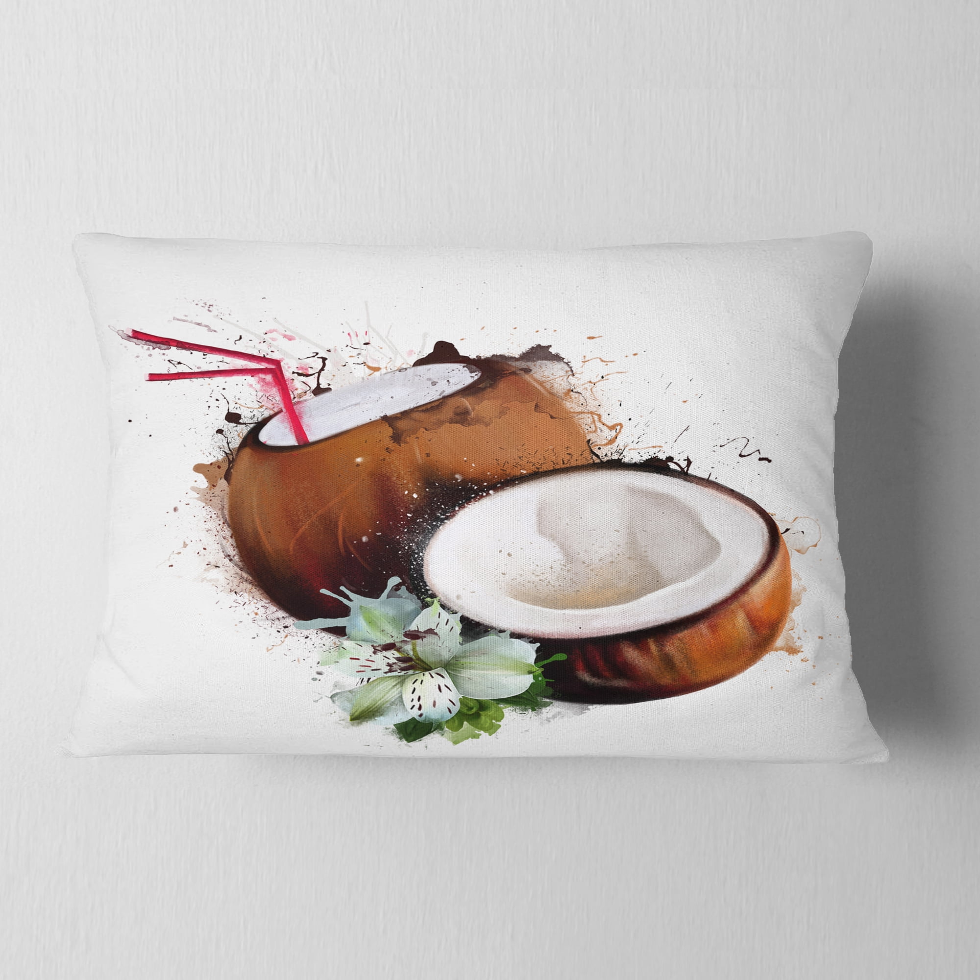 Designart Coconuts with Straw Watercolor - Floral Throw Pillow - 12x20