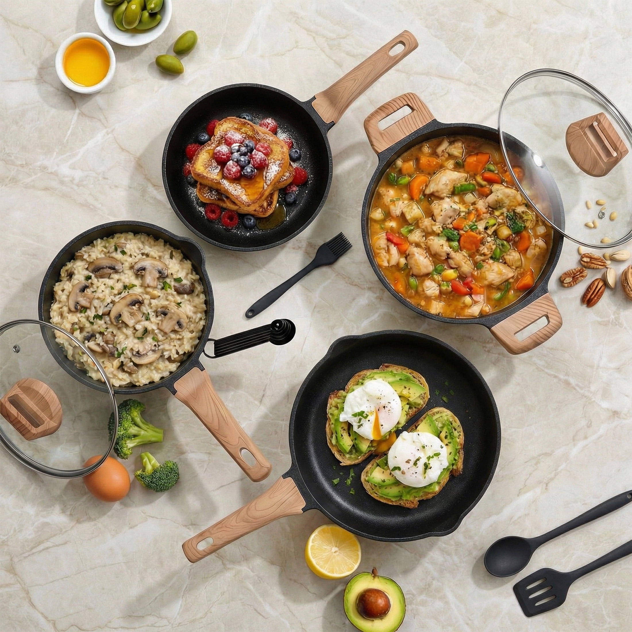 EDX 25-Piece Non-Stick Ceramic Granite Cookware Set with Stay-Cool Handles, Induction Compatible Pots and Pans Set for Healthy Cooking,Black