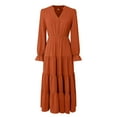 thumbnail image 4 of felwors Long Sleeve Dress for Women 2025 Fall V Neck Tiered Spring Elegant Modest Flowy Wedding Guest Maxi Dresses Brick Red, S, 4 of 5