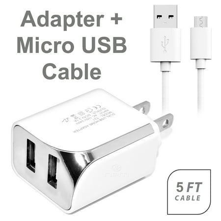 For ZTE Citrine Cell Phones Accessory Kit 2 in 1 Charger Set [2.1 Amp USB Home Charger + 5 Feet Micro USB Cable] White