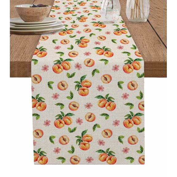 Summer Peach Table Runner 48 Inches, Tropical Fruit Rustic Flowers Watercolor Bed Runner Dresser Scarves Tabletop for Indoor Outdoor Parties/Ceremony/Banquet, 13" x 48"
