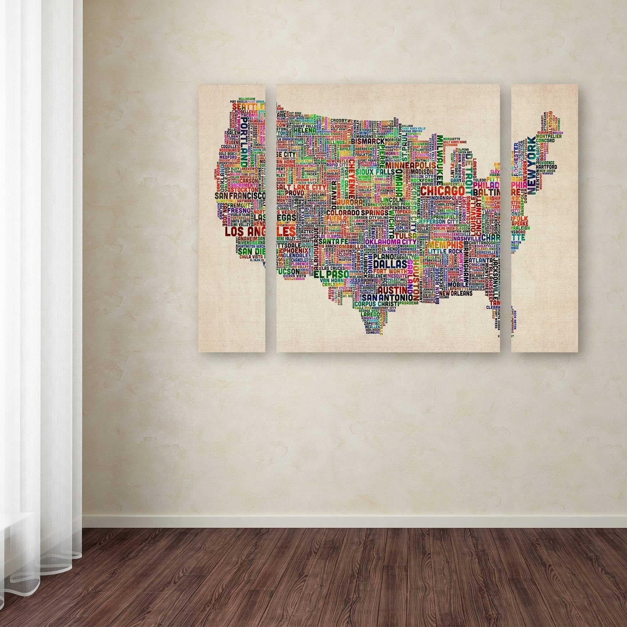 Trademark Fine Art "US Cities Text Map VI" Canvas Art by Michael Tompsett Three Panel Set