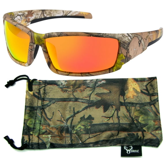 Hornz Brown Forest Camouflage Polarized Sunglasses for Men - Aquabull - Free Matching Microfiber Pouch - Brown Camo Frame - Fire Orange Lens