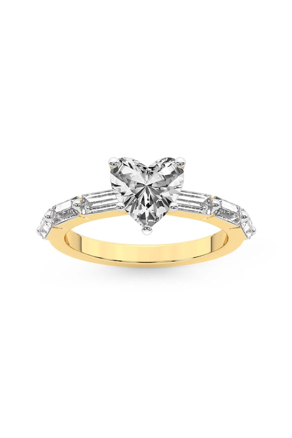 IGI Certified 3 Carat Heart Shape Lab Grown Diamond Engagement Ring | 14K Yellow Gold | Kimberly Baguette Side Stone Diamond Ring | FG-VS1-VS2 Quality Friendly Diamonds