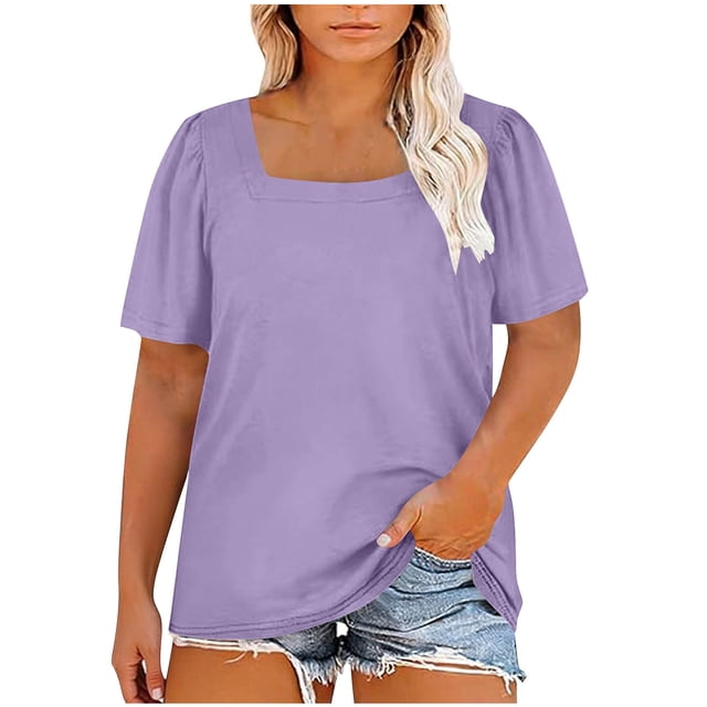 StSilkitty Plus Size Casual T-Shirts for Womens Summer Short Sleeve Square Collar Tee Shirt Solid Color Lightweight Tops