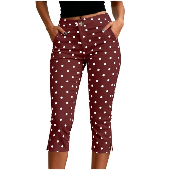 Ltctricy Yoga Capri Pants for Women Polka Dots Casual Leggings Elastic Waist Side Slit Button Cropped Pants