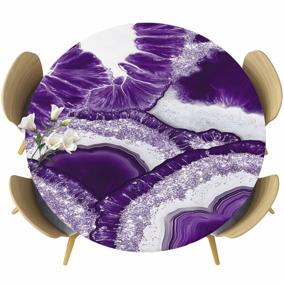 Abstract Marble Texture Round Fitted Table Cover White Dark Purple Cracke Rock Waterproof Table Cloth with Elastic Edge Wipeable Tablecloth for Picnic Camping Party Fits 55"-60" Diameter