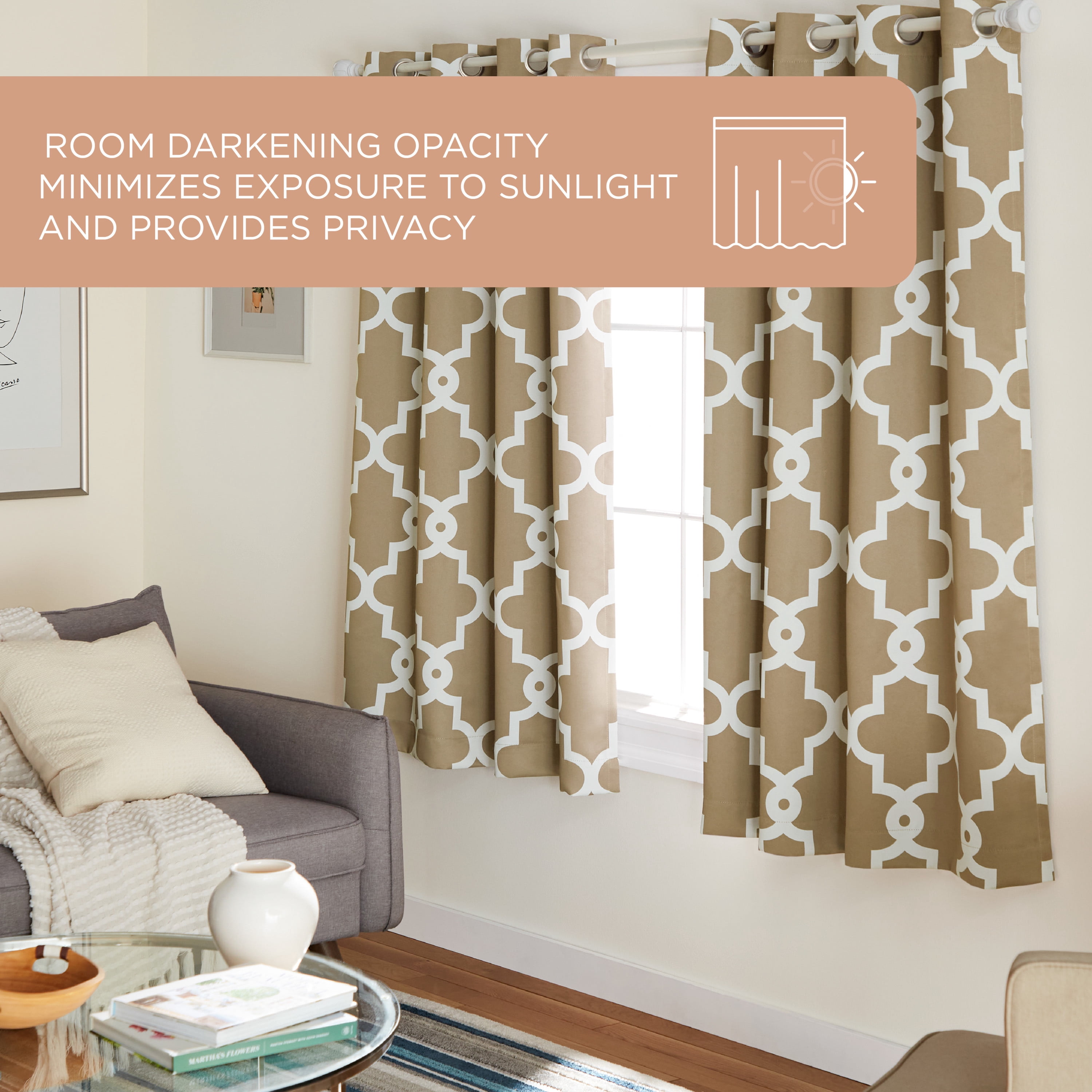 TOWN & COUNTRY EVERYDAY Ironwork Geo Trellis Sateen Indoor Curtains, Room Darkening Blackout, Grommet Top, Energy Efficient, 2-Pack Set, 52"x63", Taupe