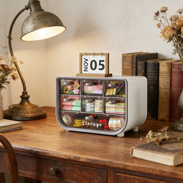 Organizador de Escritorio con Múltiples Cajones Transparentes para Cosméticos, Artículos de Papelería y Pequeños Accesorios de Escritorio: Caja de Plástico Compacta para Tocador de Dormitorio U Ofici