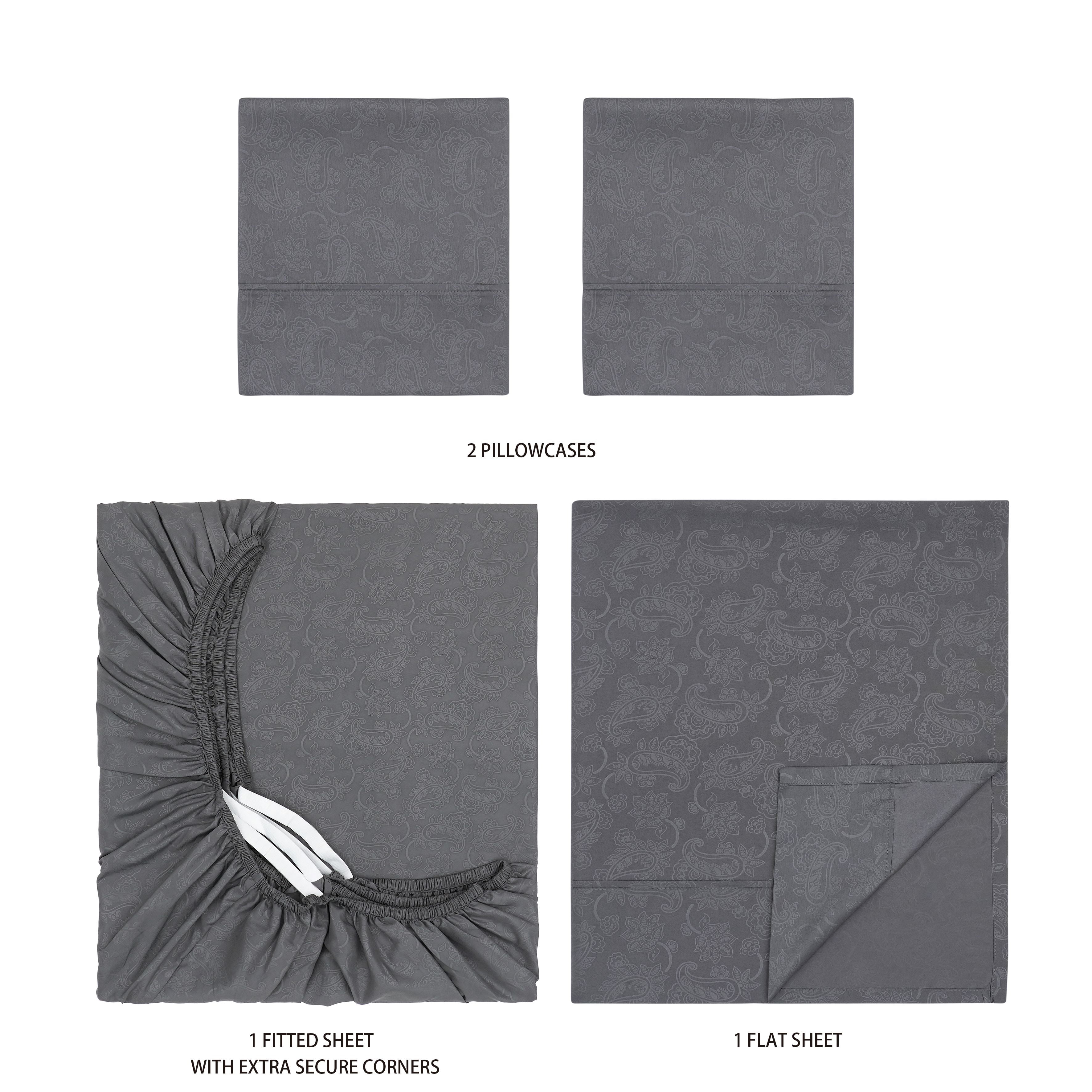 Mainstays Super Soft Brushed Microfiber Bed Sheet Set, Grey Embossed Hayden Paisley, Full, 4 Piece