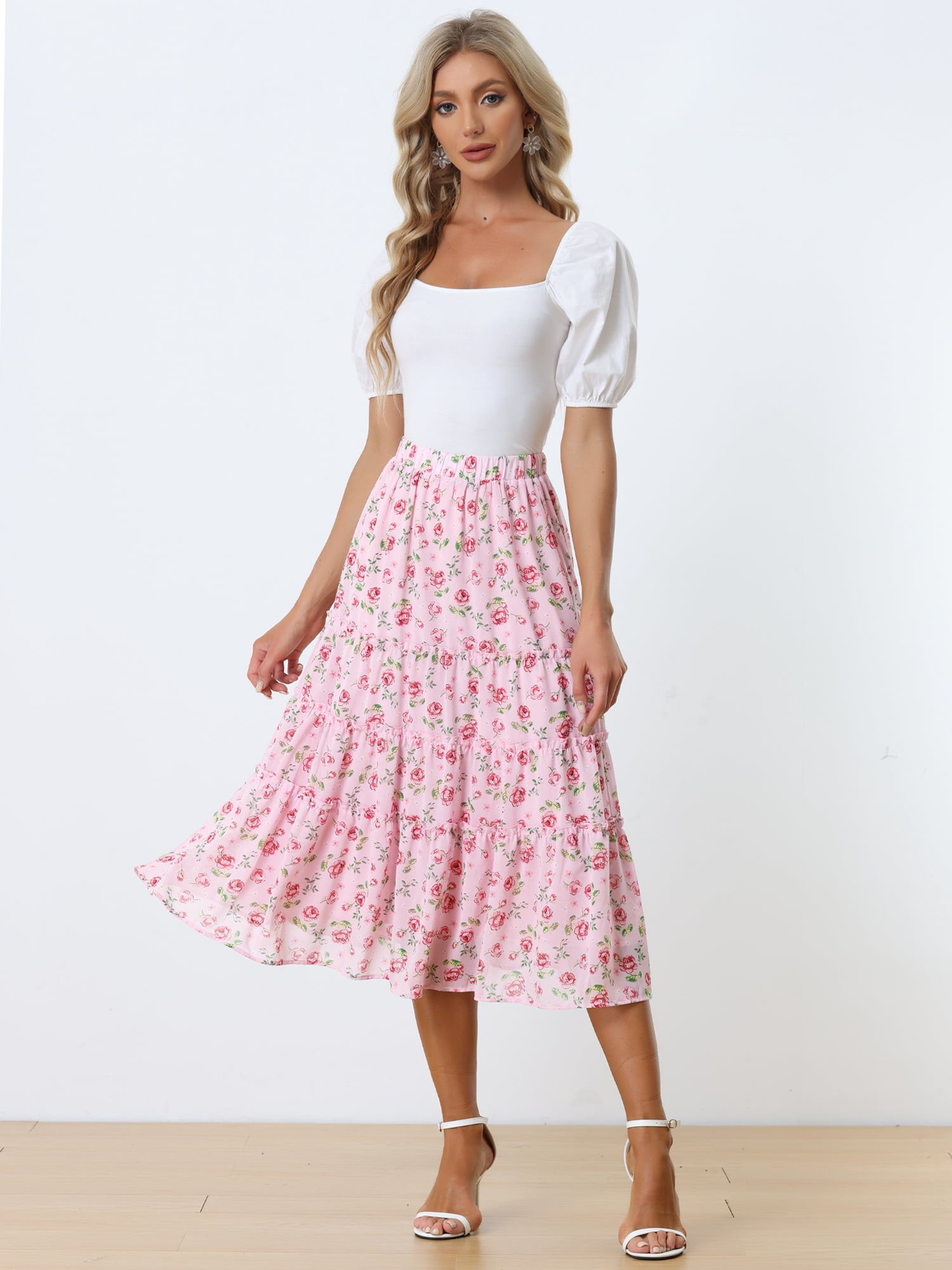 DARING DIVA Women's Chiffon Tiered A-Line Maxi Skirt 3XL Pink Rose