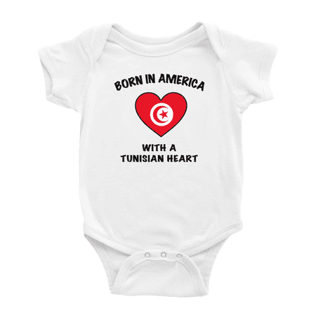 

Born In America With A Tunisian Heart Funny Infant Boys Girl Baby Bodysuit