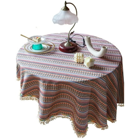 

Round Tablecloth Washable Thicken Cotton Linen Stripe Tablecloth With Tassel Wrinkle Free No Pilling Table Cover For Christmas Thanksgiving Dinners 2pcs-A-140*140cm