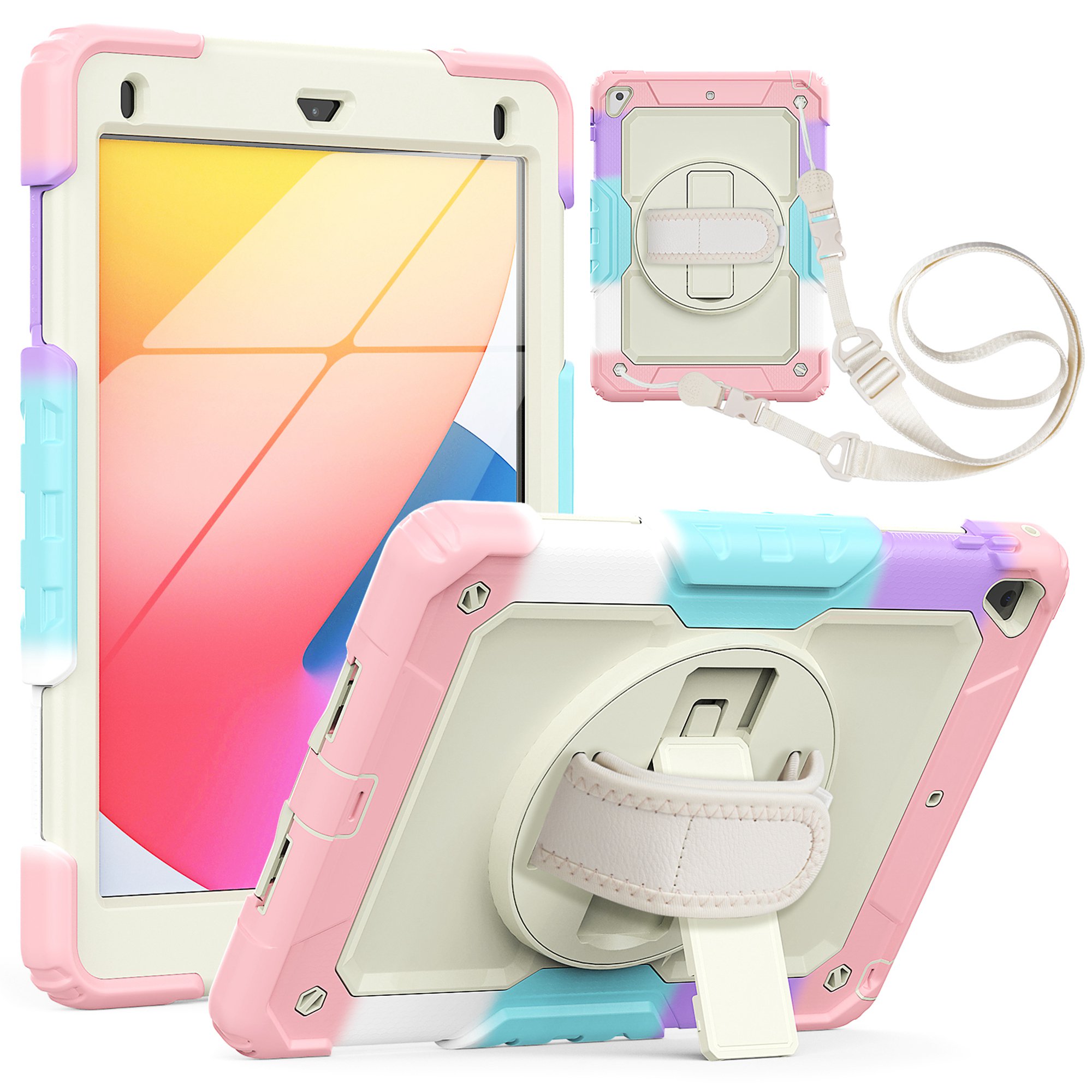 iPad mini 5 Case / iPad mini 4 Kids Case with Built-in Screen Protector, 3-Layer Full Protection Heavy Rugged Shockproof Case 360 Rotating Stand Cover with Adjustable Shoulder Strap,Camouflage Pink