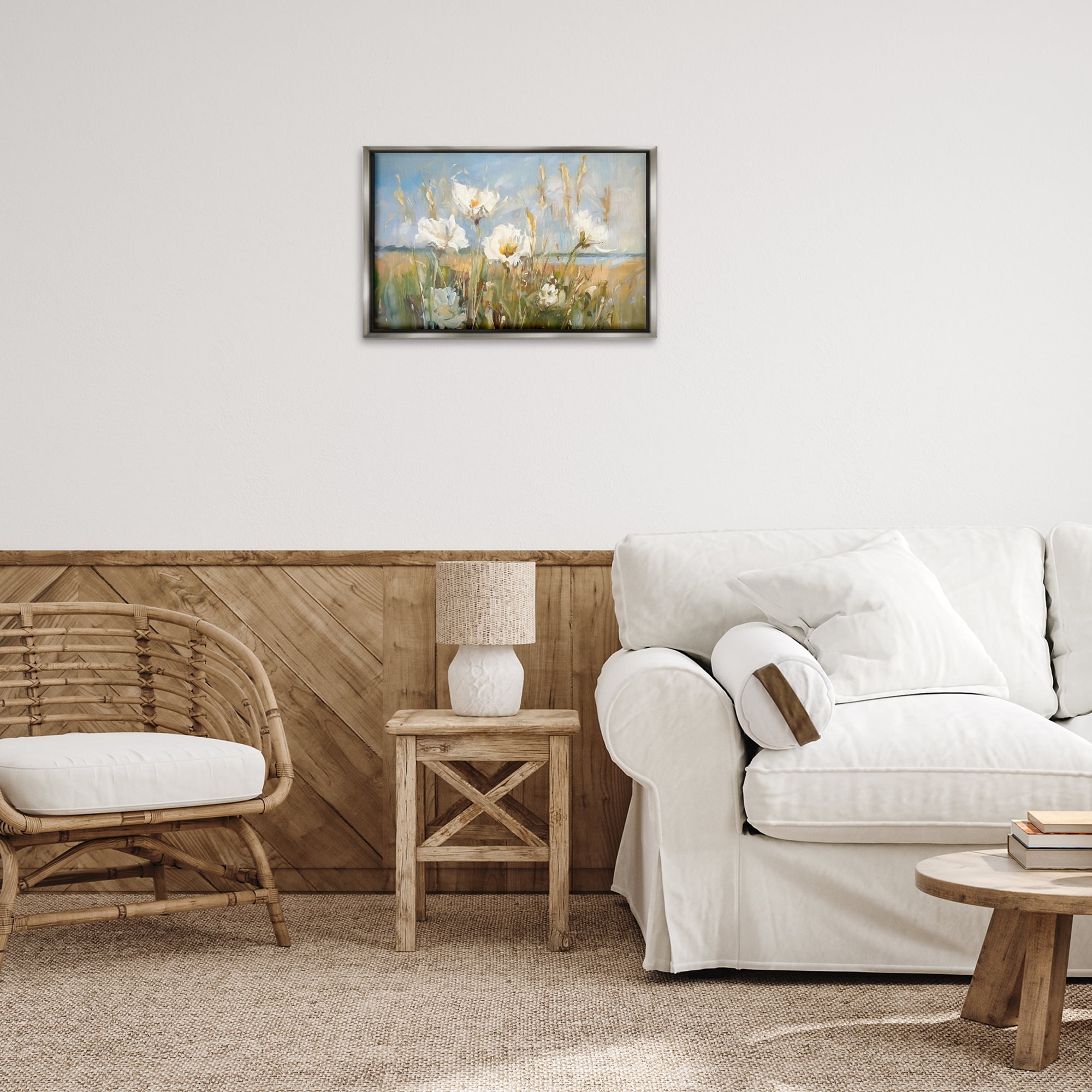 Stupell Industries Soft Seaside Wildflowers Botanical & Floral Painting Gray Floater Framed Art Print Wall Art, 25 x 17