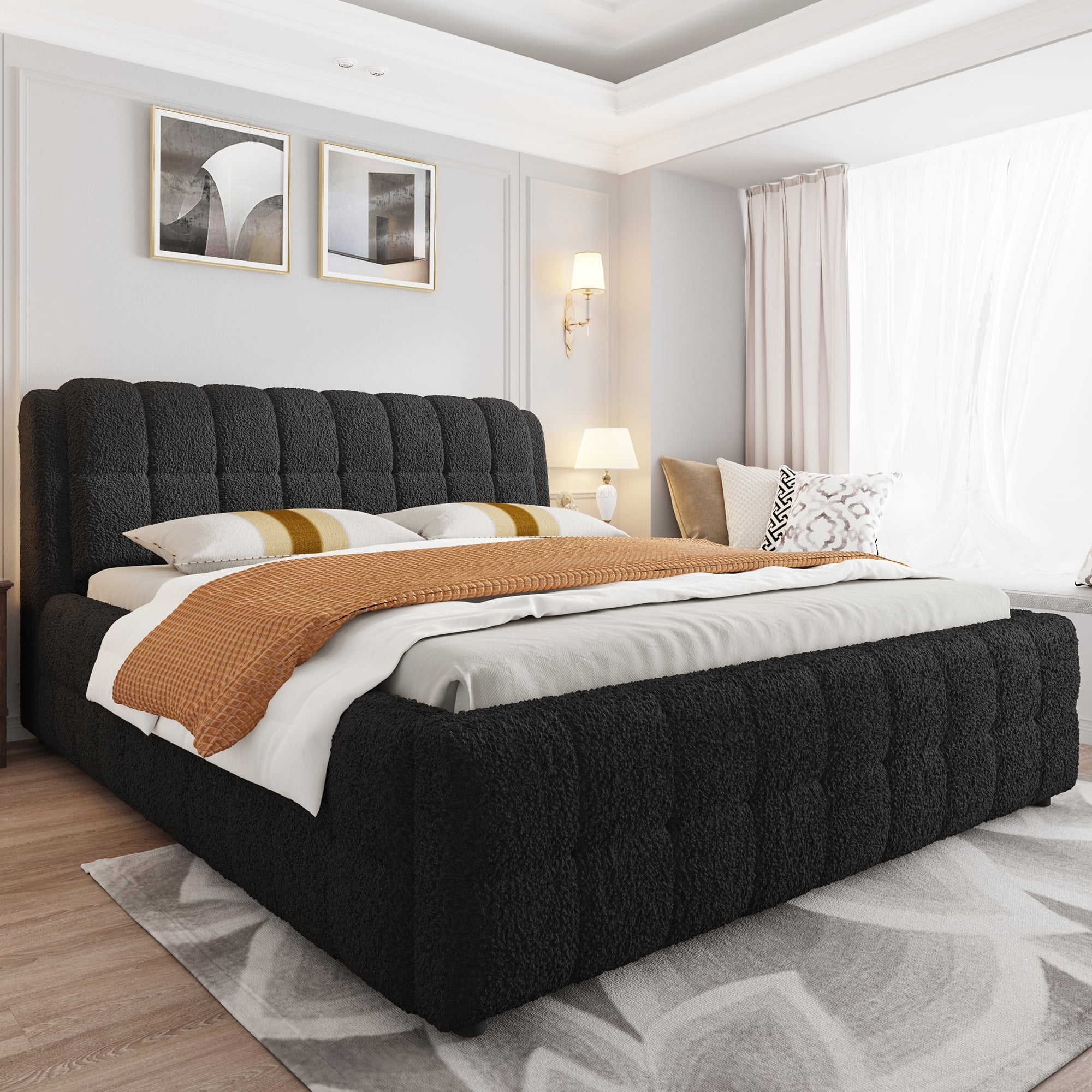 Euroco Upholstered California King Size Platform Bed for Living Room Bedroom, Black