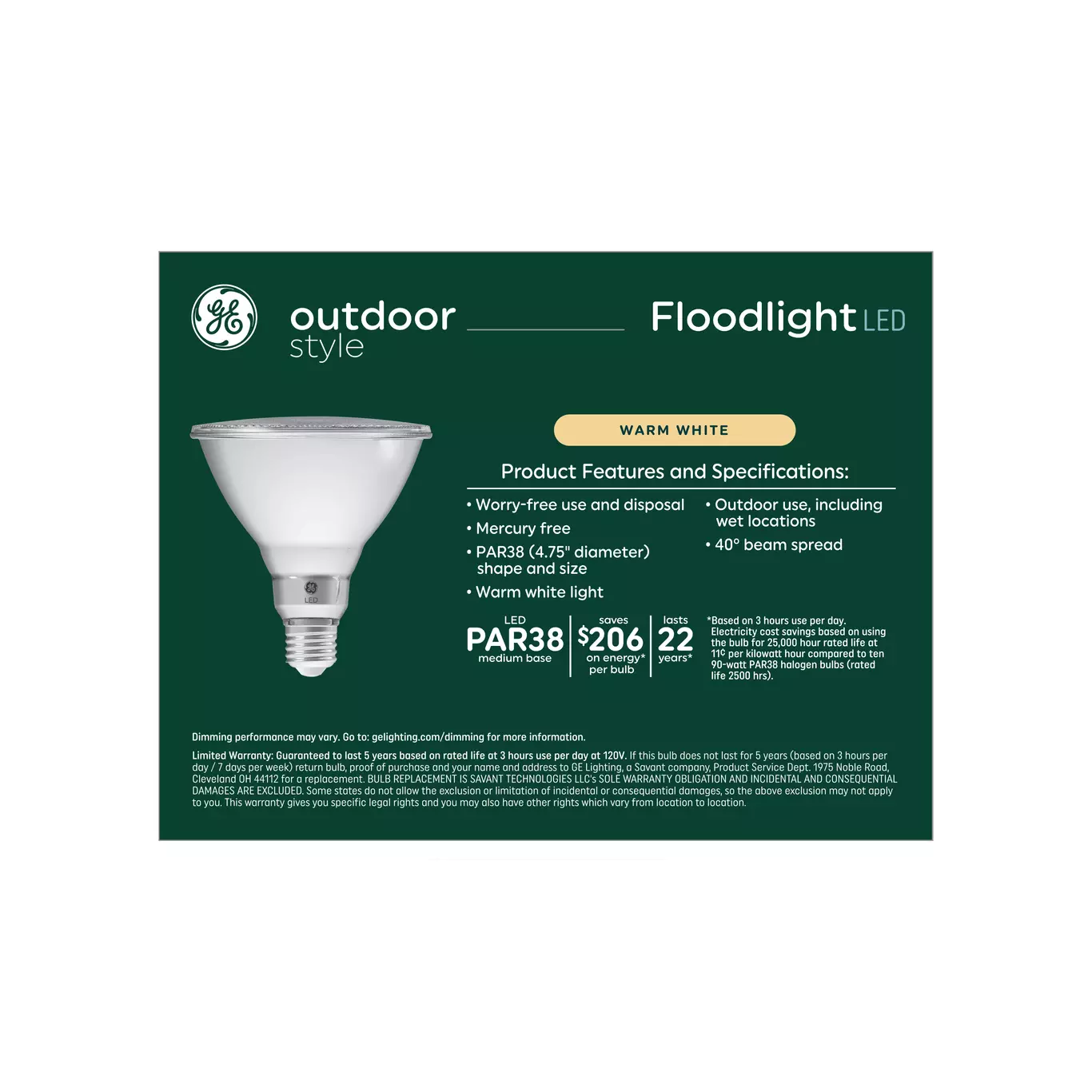 GE Outdoor LED PAR38 Flood Light Bulbs, 90W Replacement, 15W, Warm White, Dimmable, Medium Base, 2-Pack