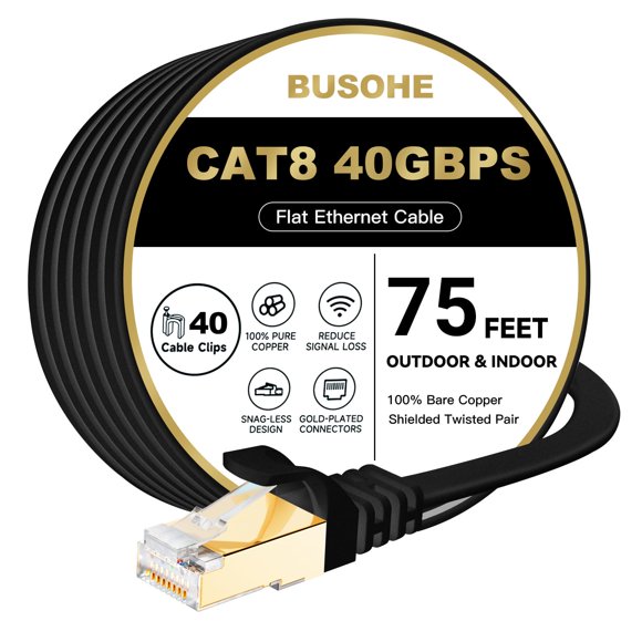 UTAH-Cat 8 Ethernet Cable 75 FT, 40Gbps 2000MHz Cat8 High Speed Flat Internet Network Patch Cord, SFTP Shielded LAN Wire with Gold Plated RJ45 Connector, with Clips, for Outdoor Indoor- 75FT Black