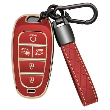 for Hyundai Key Fob Cover 5 Button Soft TPU with Leather Keychain 360 Degree Protection Car Key Case Shell Holder Fits for 2023 2022 2021 2020 Hyundai Sonata Santa fe Tucson