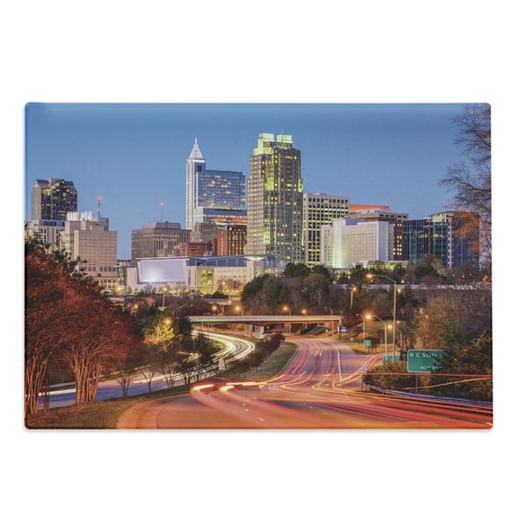 United States Cutting Board, Raleigh North Carolina USA Express Way Business District Building Skyscrapers, Decorative Tempered Glass Cutting and Serving Board, Large Size, Multicolor, by Ambesonne