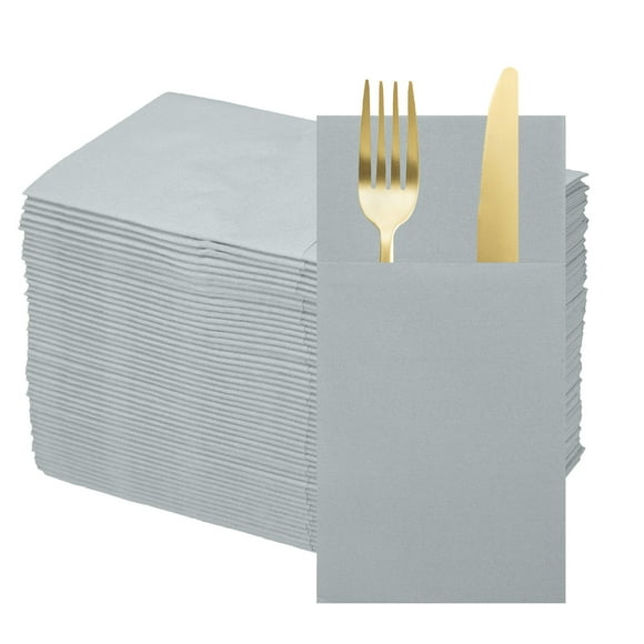 50 Pcs Servilletas Desechables con Sensación de Lino y Bolsillos para Cubiertos Incorporados, Servilletas de Papel para Cuchillo y Tenedor Gris Claro