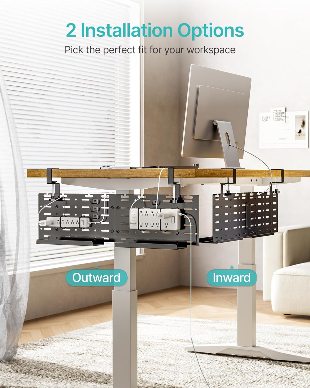 Under Desk Cable Management Tray, 30.2" Vertical Metal Pegboard Organizer for Power Strip, Cables, Clamp-On Cord Organizer Rack with Hooks, Trays & Cable Straps for Home Office, Black