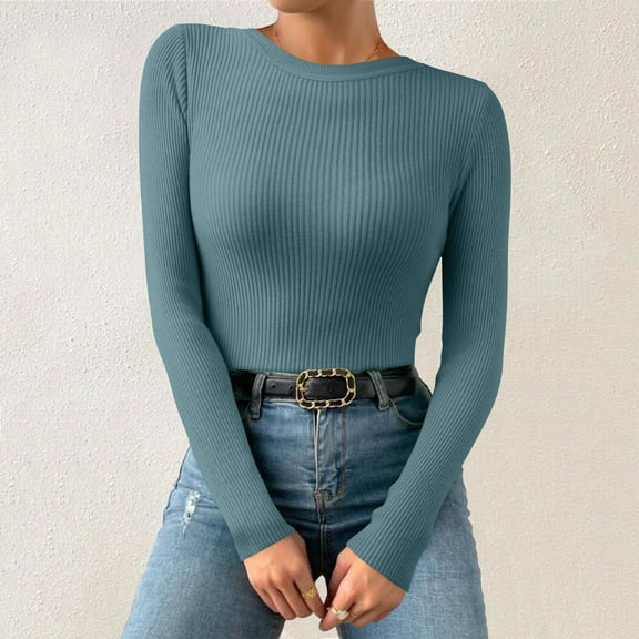 Multi-color Womens Tops Women Casual Multicolor Basic Round Neck Solid Color Knit Long Sleeve Bodysuit Top Shirts for Women