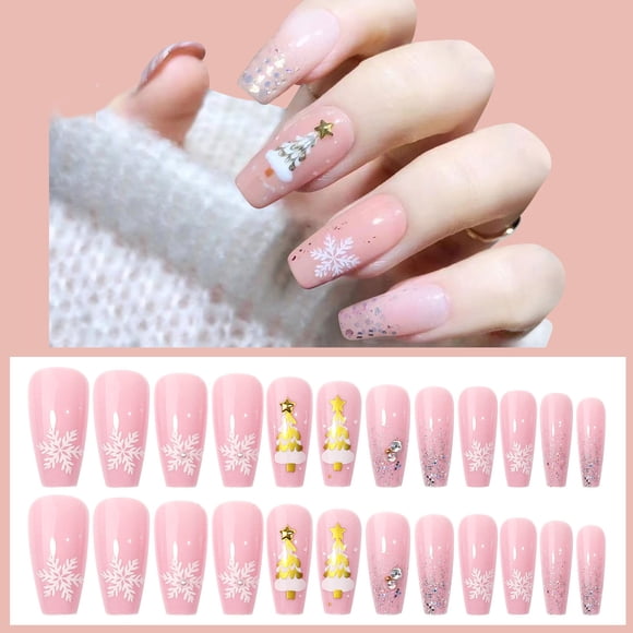 Neinkie 1 Set Fake Nails Snowflake Pattern Removable Harmless Smooth Surface Easy to Apply Decorative ABS Ultra-Thin Full Cover Fake Nails Manicure Designs Nail Supplies