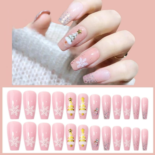 Neinkie 1 Set Fake Nails Snowflake Pattern Removable Harmless Smooth Surface Easy to Apply Decorative ABS Ultra-Thin Full Cover Fake Nails Manicure Designs Nail Supplies