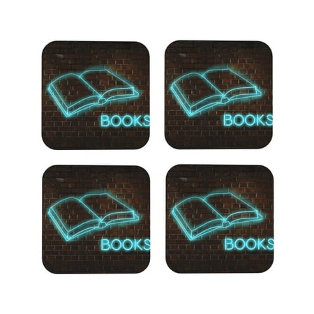 

Lukts Neon Sign For Books Print Leather Drinks Coasters Set of 4 Suitable or Drinks Furniture Protection and Easy Clean up-Square
