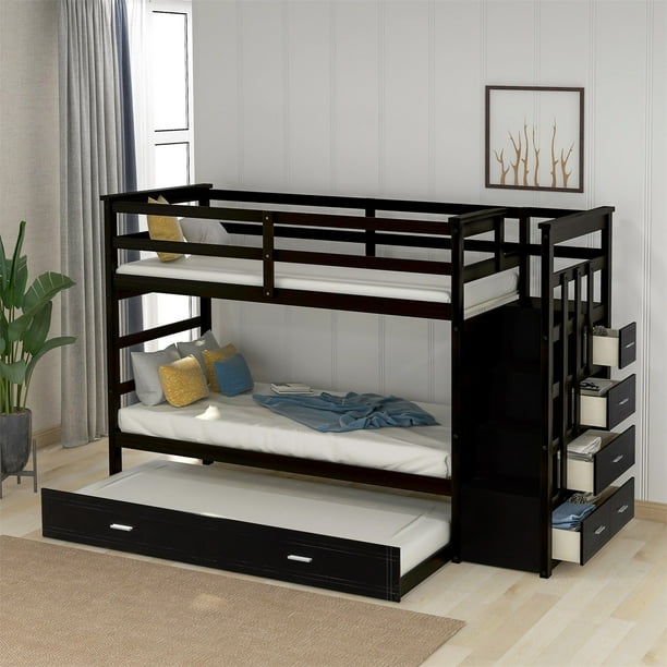 Modernluxe Twin Over Solid Wood Bunk Bed With Trundle Staircase 4 Drawers Com Modernluxe Twin Over Solid Wood, Modernluxe Twin Over Full Wood Bunk Bed With Trundle And Storage Stairs