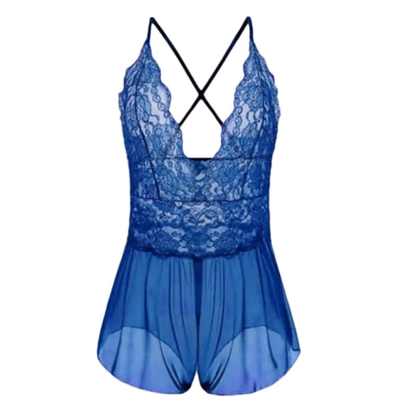 Lace Open Crotch Sleepwear Bodysuit Nightdress Lingerie for Women Blue L