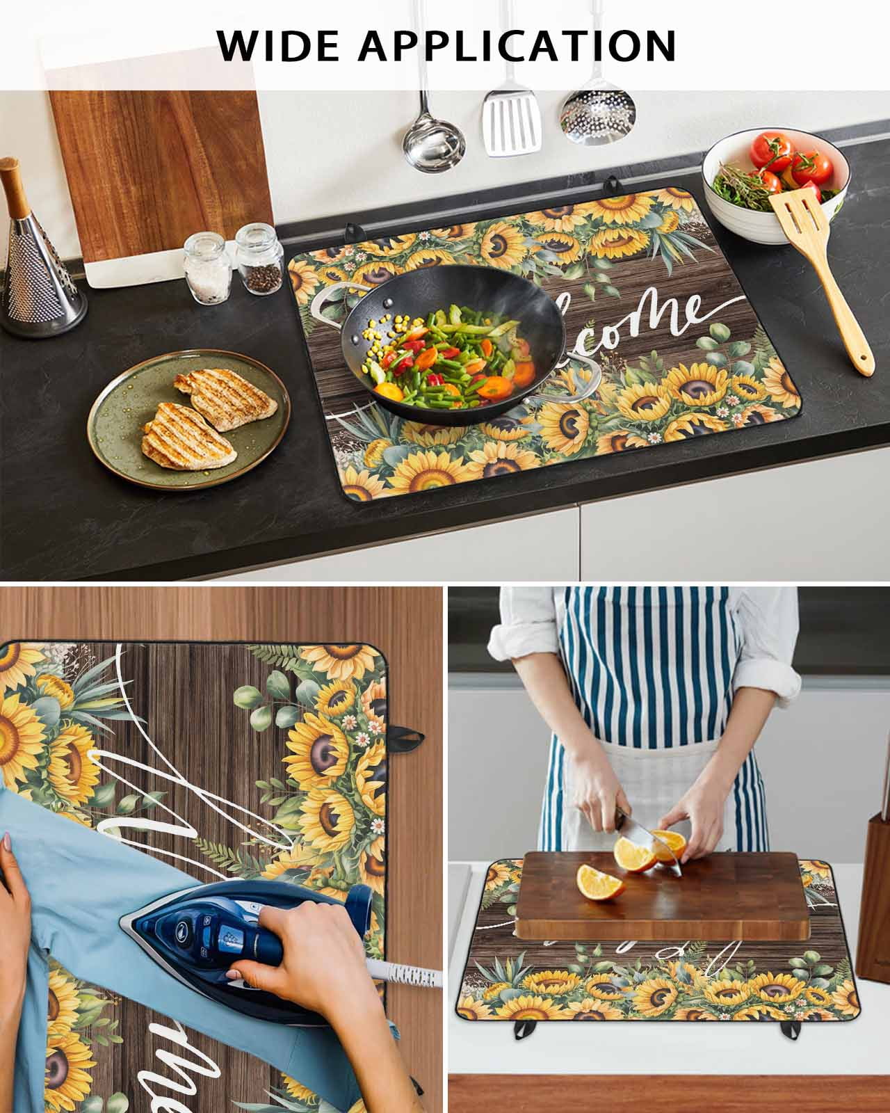 Large Induction Cooktop Protector Mat Sunflower Stove Top Covers for Electric Stove, Yellow Summer Botanical Wooden Farmhouse Decorative Stove Burner Cover Mats, Glass Top Stove Cover