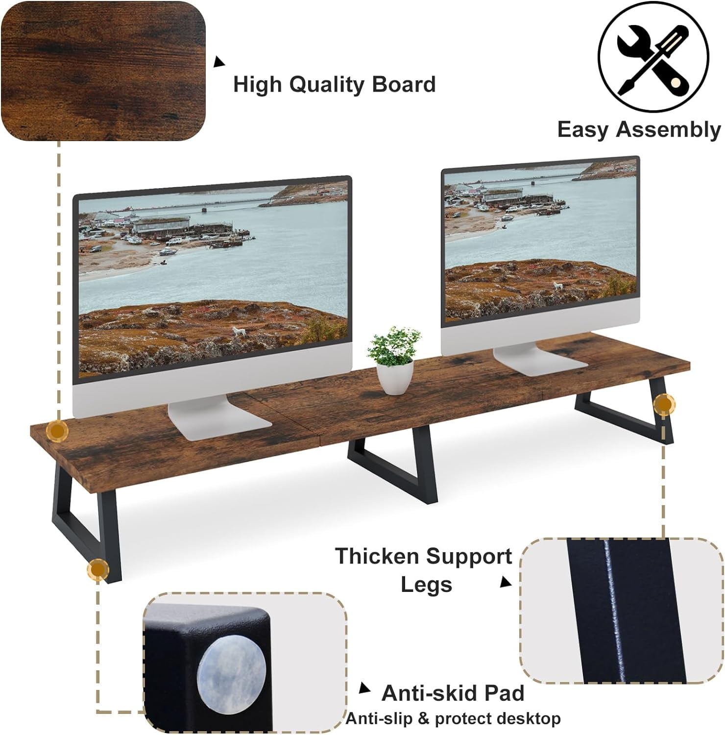 Large Dual Monitor Riser Rustic Brown Extra-Long TV Stand Wood & Steel Desktop Storage Riser for Dual Screen Office Desk Organization