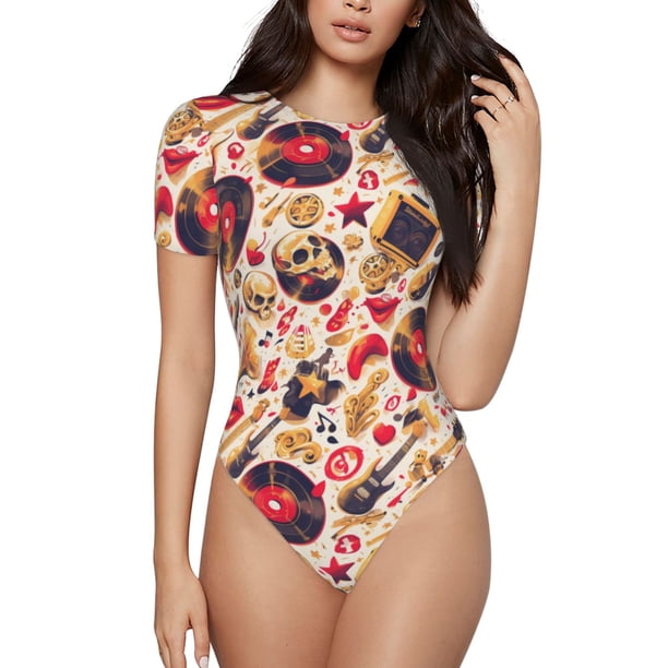 Balery gold Skull Guitar record Body de cuello redondo de manga corta para mujer Tops de manga corta Tops básicos-Medium
