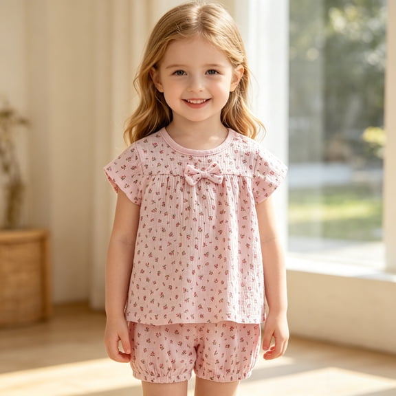 DAETIROS Girls 2-Piece Outfit Set Soft Cotton Floral Top & Shorts with Bow and Ruffle Detail Pink,Size 2-3 T