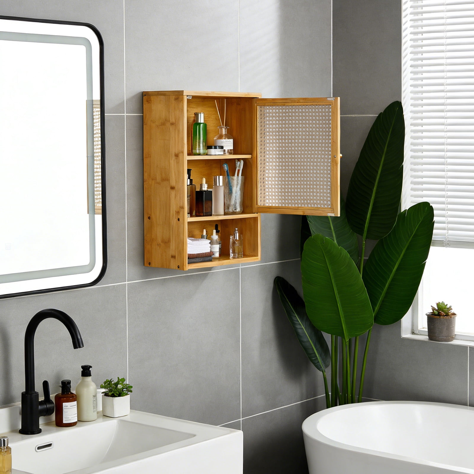 Garvee Bathroom Wall Cabinet, Bamboo Over-The-Toilet Storage Organizer with Rattan Doors and Adjustable Shelf, Space Saver Medicine Cabinet for Laundry, Kitchen, Living Room and Home Office Wood