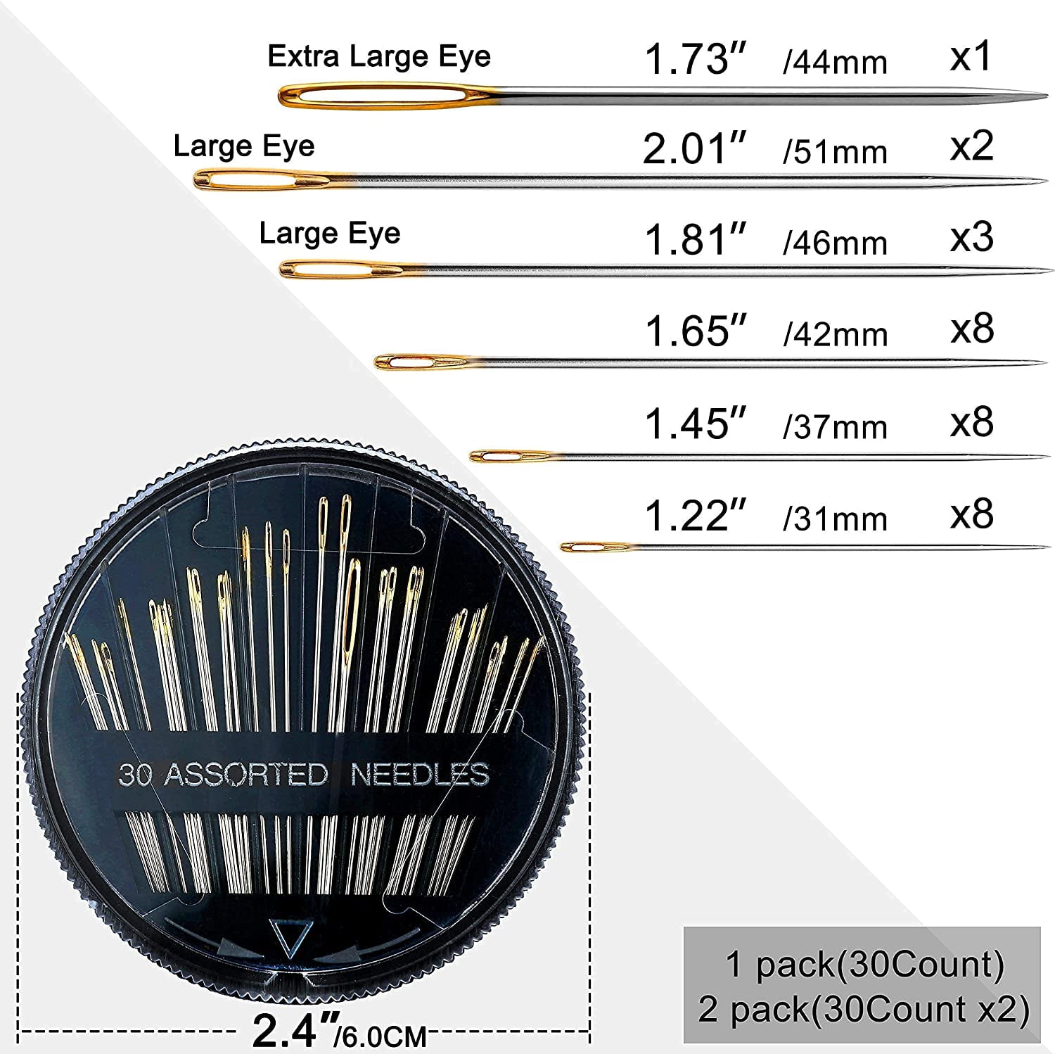 60 Pack, Premium Sewing Needles for Handsewing, Assorted Sizes, 6 Sizes