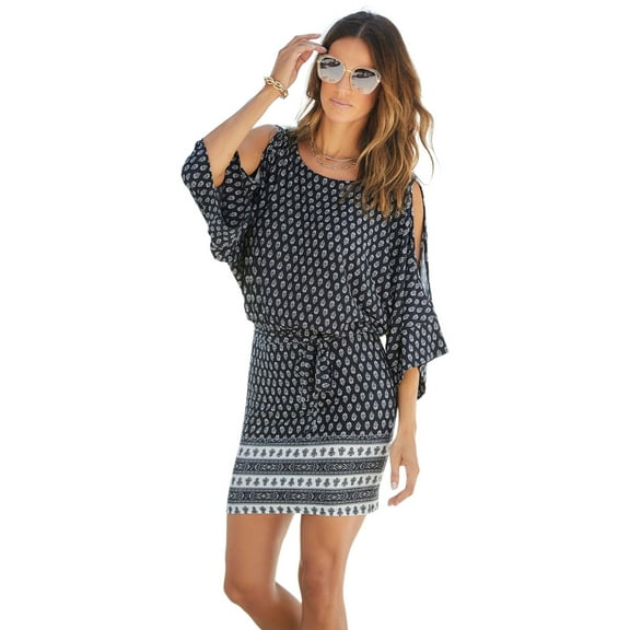 LASCANA Women's Patterned Cold Shoulder Dress Screen Print