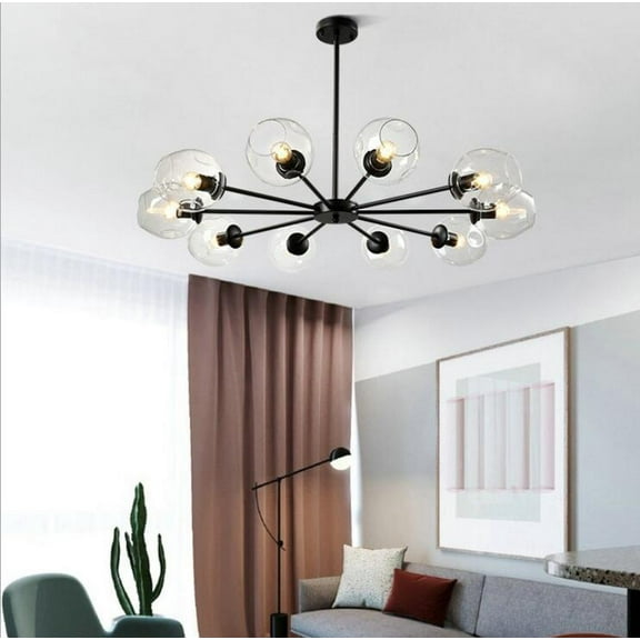 FINE MAKER Vintage 8 Lights Black Glass Pendant Lighting Rustic Style Chandelier