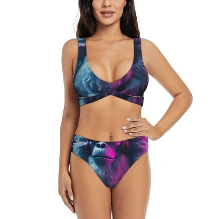 Zeuib Hip-Hop Glasses Gorilla High Waisted Tummy Control Bikini Set - Knot Front Push Up Top & Cheeky Thong Bottom  Two-Piece Swimsuit for Women-Large