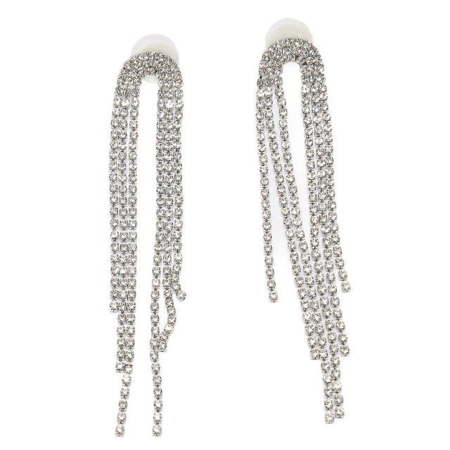 2pcs Arc Linear Rhinestones Dangle Earrings Women Alloy Exquisite Fashionable Long Tassel Earrings Jewelry Silver------Product code 64209
