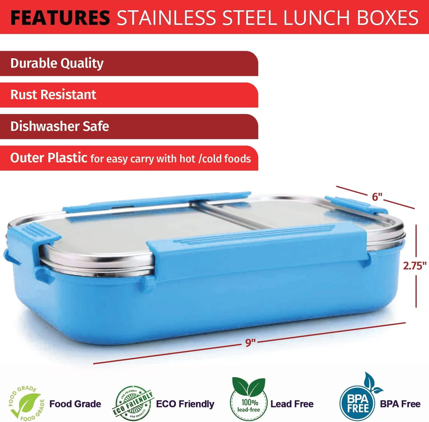 SIGNORA WARE Stainless Steel Bento Box 34 oz Leakproof 2 Compartments Lunch Box – Aqua Blue