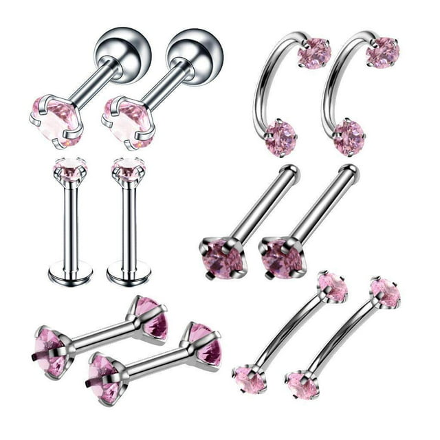 12pcs en Acier Inoxydable de Couleur Zircon Lèvre Nez Clou Corps Piercing Piercing Bijoux Rose